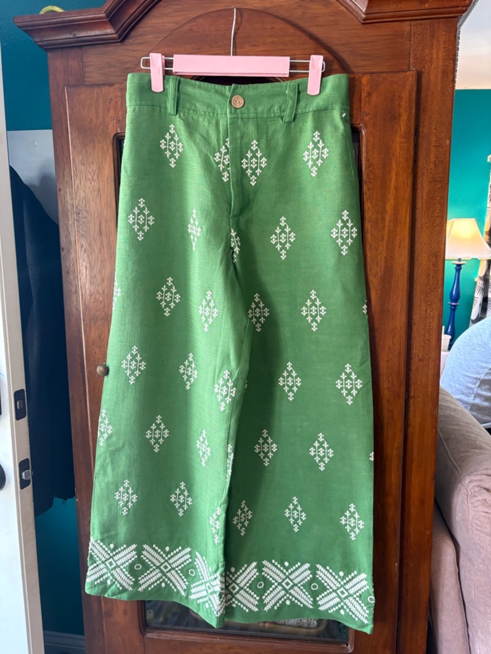 Haute Hippie Green Wide Leg Pants with White Embroidered Pattern